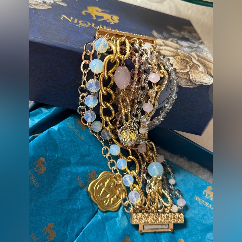 Niquea.d gold & silver multi chain bracelet with pink & opal colored stones new.